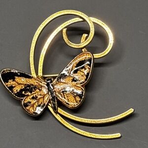Butterfly Brooch Pin Gold Tone Black Enamel Swirl Design Costume Jewelry Fashion